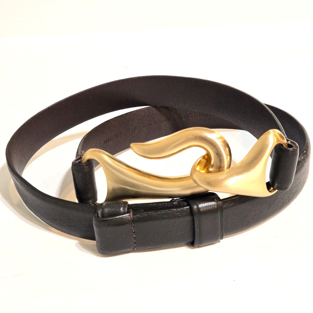 Chico's Leather Belt Women S/M Dark Brown Satin Gold Hook Adjustable 25"-37"